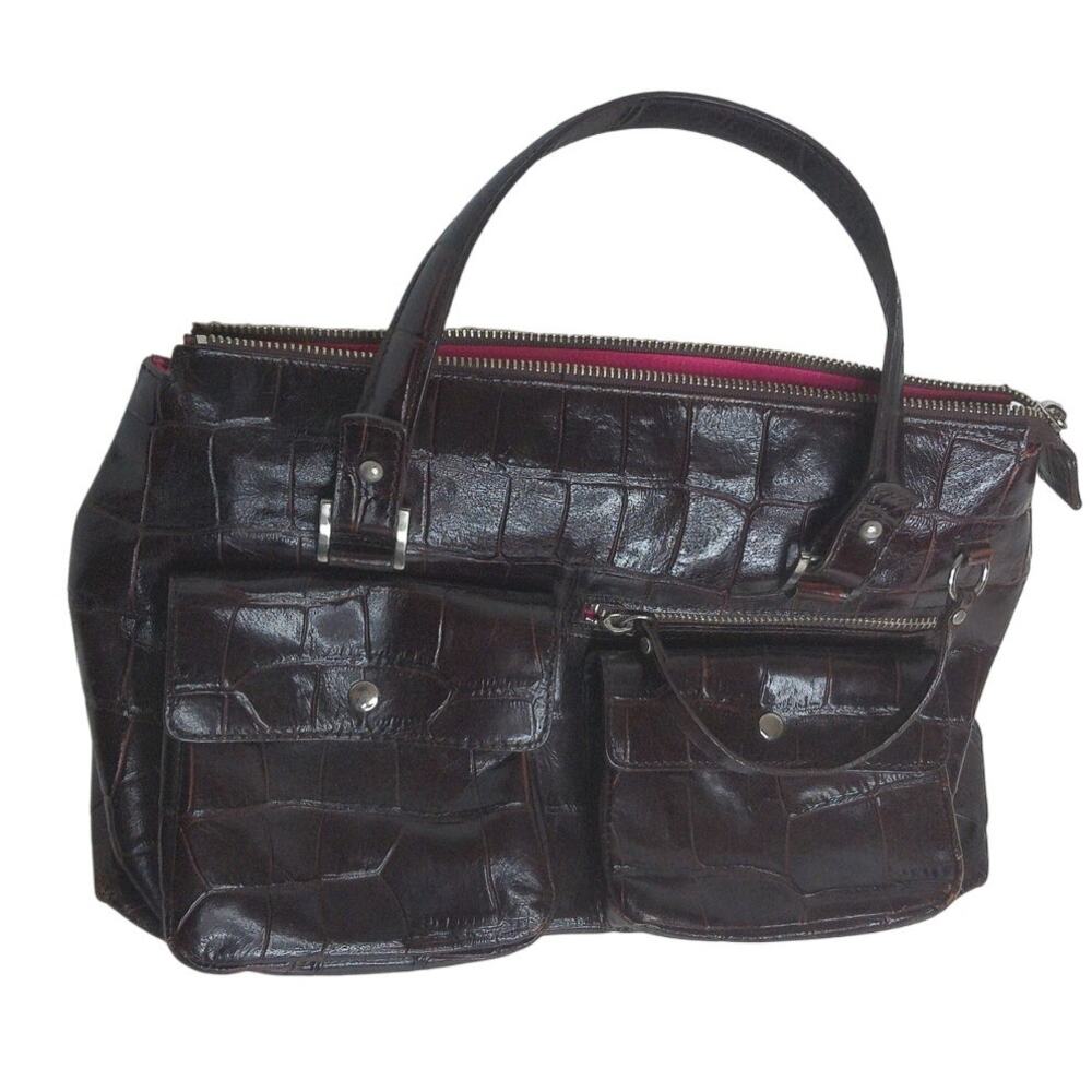 Vintage Maxximum Brown Croc Embossed Leather Shoulder Bag Y2K Cargo Tote Purse - Picture 3 of 13